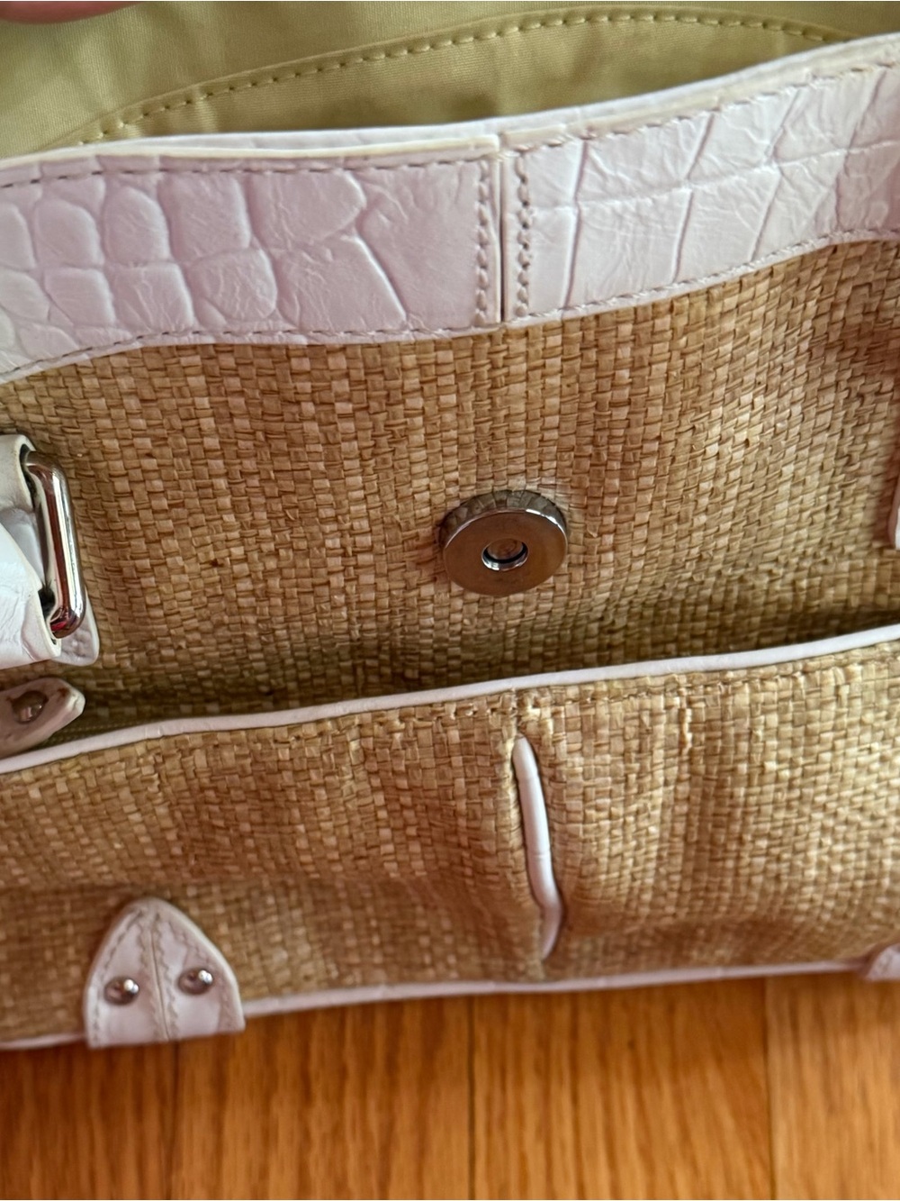 Cole Haan White Croc-Embossed Trim Straw Tote with Silver Buckle - Picture 12 of 13